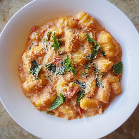 Warm, creamy tomato gnocchi, a vegetarian delight, garnished with fresh basil, smells divine right?