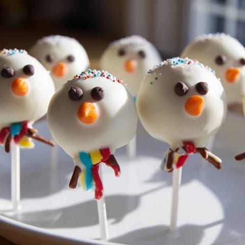 A close-up of delicious Oreo Snowman Cake Pops, decorated with chocolate chips and pretzel stick arms, perfect dessert.