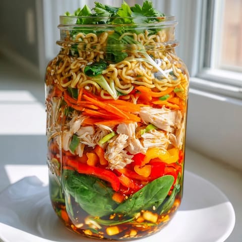 Layered mason jar noodle meal prep, a delicious mix of carbs, veggies, and sauce, ready to eat!