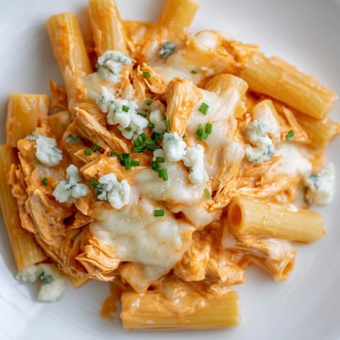 A skillet of spicy buffalo chicken pasta, served hot with a side of crisp celery sticks and ranch dressing.  