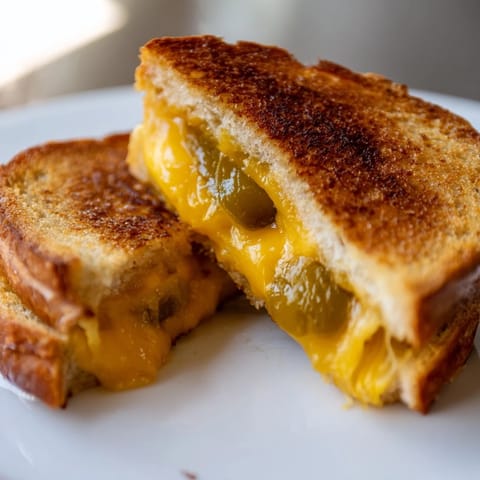 Buttery sandwich halves stacked high, showing gooey sharp cheddar and tangy jalapeño slices between crisped country bread.