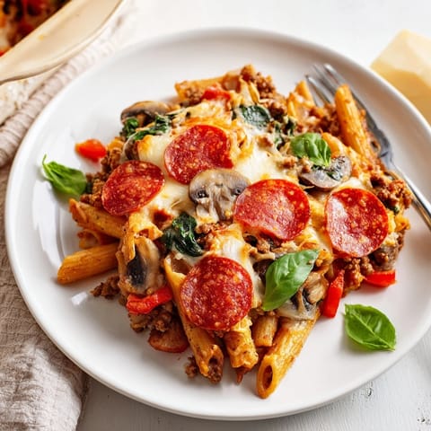 A baked skillet dish of whole wheat pasta, lean beef, turkey pepperoni, and colorful vegetables.