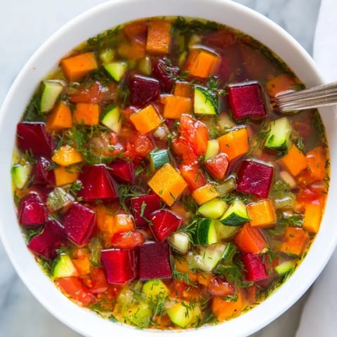 Rainbow Vegetable Detox Soup simmering in a large pot, releasing aromatic steam from tomatoes, bell peppers, and a hint of fresh lemon juice.