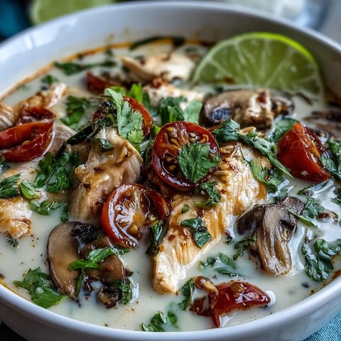 Fresh galangal and lemongrass aromatics simmer in creamy coconut milk with tender chicken slices.