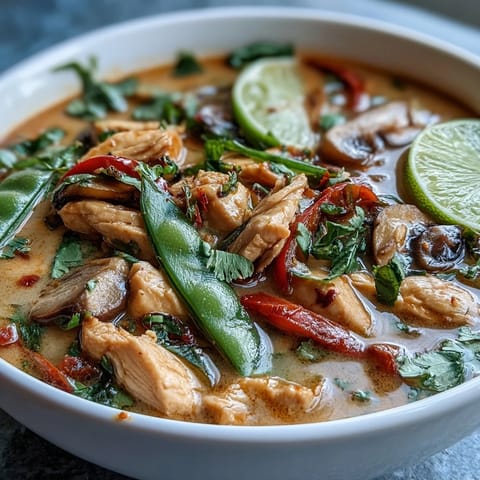 Spicy Thai Chicken Coconut Curry Soup garnished with fresh cilantro, Thai basil, and lime wedges next to chopsticks.