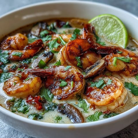 Thai Coconut Shrimp Soup served in a white bowl with cilantro, green onions, and lime wedges.