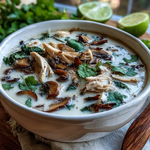 A close-up of creamy Tom Kha Soup with lemongrass, galangal, and kaffir lime leaves, ready to be served hot.