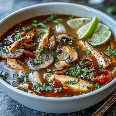 A close-up view of a steaming bowl of Tom Yum Gai soup, brimming with tender chicken slices, oyster mushrooms, and vibrant red tomato wedges in a rich, clear broth. Fresh cilantro and lime wedges garnish the side, promising a zesty, aromatic Thai meal.