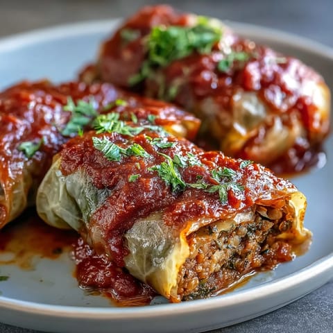 Tender cabbage leaves stuffed with lentils and brown rice, served alongside creamy mashed potatoes and crusty bread.