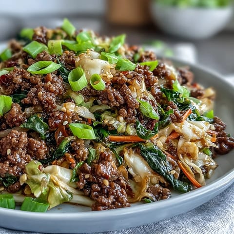 A close-up of Chinese Ground Beef and Cabbage Stir-Fry, savory beef crumbles and vibrant green cabbage coated in glossy sauce.