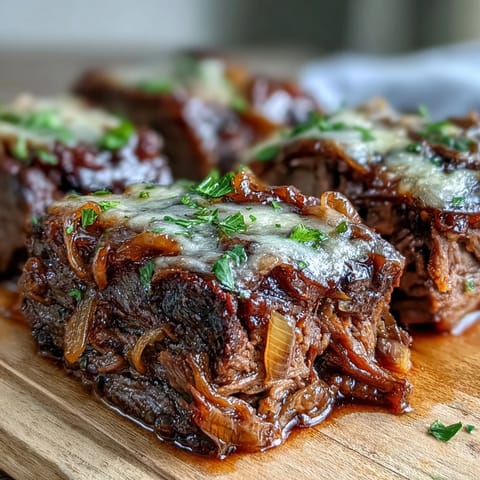 Slow-cooked Savory Crock Pot French Onion Pot Roast served with crusty bread to soak up rich juices.