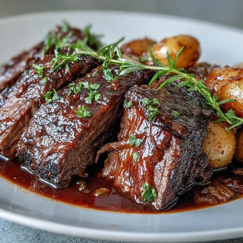 Golden-brown beef pot roast with tender carrots and potatoes in rich red wine gravy on a rustic platter.