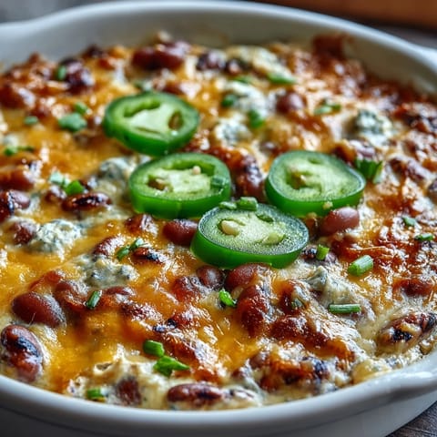 Warm, bubbly, golden-brown Hot Black-Eyed Pea Dip fresh from the oven, garnished with chopped green onions and jalapeños.