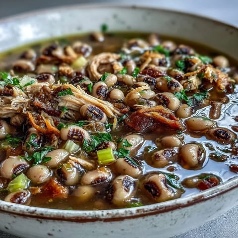 Black-Eyed Peas With Smoked Turkey simmering in a pot with tender shredded turkey and aromatic thyme.