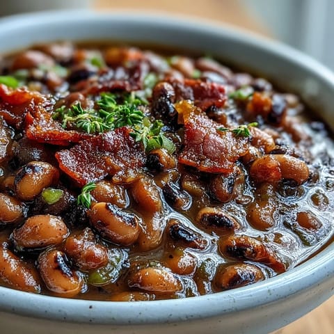 Smoky Texas Black-Eyed Peas simmer with bacon, jalapeños, and tomatoes in a rustic Dutch oven.