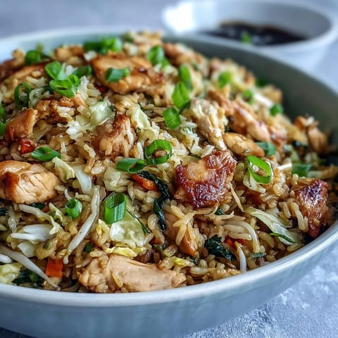 A large skillet of wok-fried Egg Roll Fried Rice brims with fluffy jasmine rice, cabbage, and ribbons of egg, ready to serve.