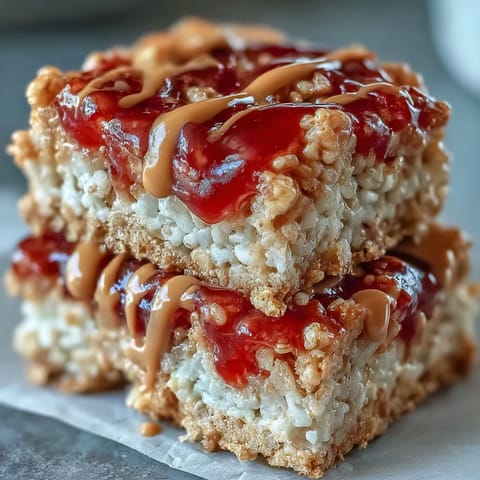 High-Protein PB&J Rice Krispie Bars stacked on a white plate, showcasing chewy texture and a drizzle of peanut butter.