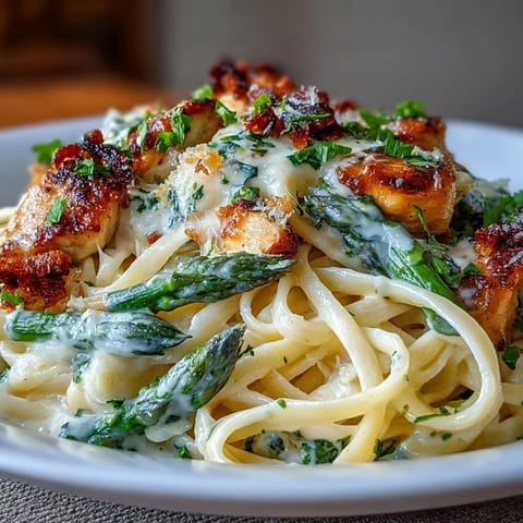 Creamy Asiago Chicken & Asparagus Pasta in a white bowl, featuring tender chicken, roasted asparagus, and linguine coated in a rich, velvety Parmesan cream sauce.