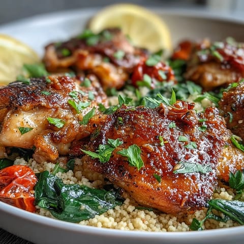 A steaming skillet of One-Pan Garlic Butter Chicken Couscous, garnished with fresh parsley and lemon wedges for serving.