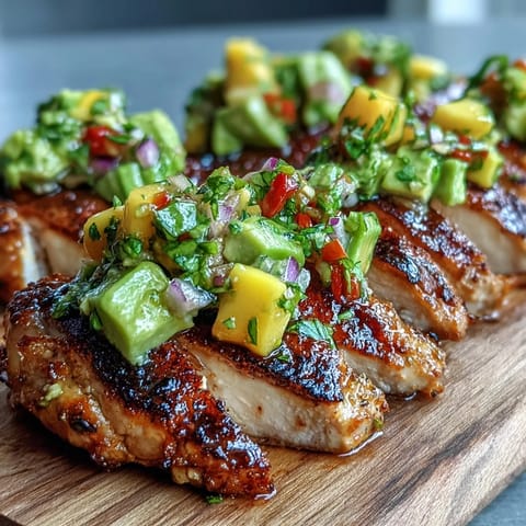 Perfectly grilled chicken breasts topped with fresh mango avocado salsa, served warm on a plate.
