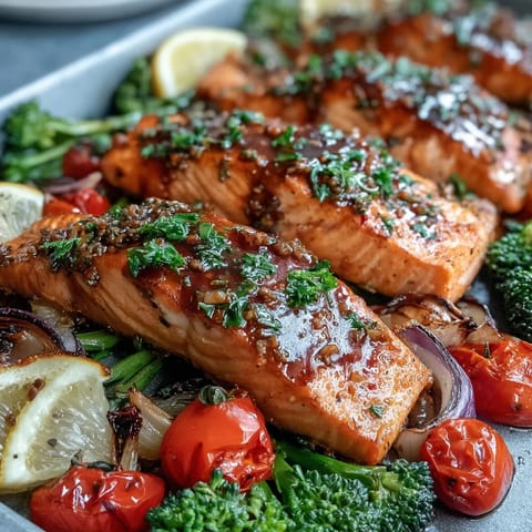 Freshly roasted Sheet Pan Dijon Salmon with Roasted Vegetables, featuring flaky salmon fillets and caramelized cherry tomatoes, broccoli, and red peppers straight from the oven.