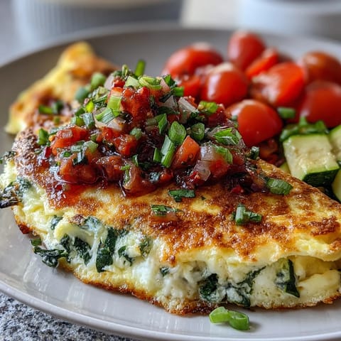 Freshly cooked Light Veggie Egg White Omelette with salsa sitting on a white plate, featuring fluffy texture and vibrant chopped vegetables.