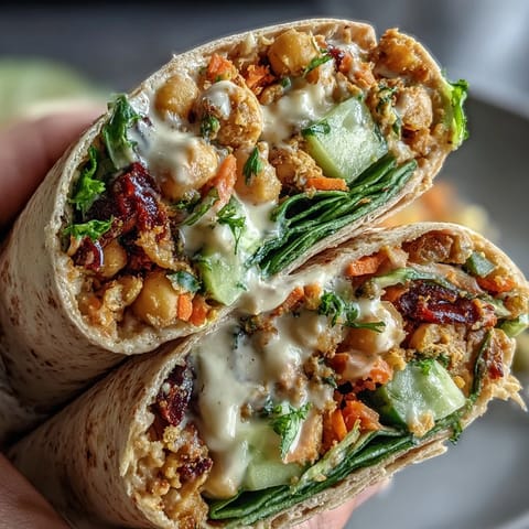 Drizzled with creamy lemon tahini dressing, these Vegan Lemon Tahini Chickpea Wraps are stacked high with crisp veggies.