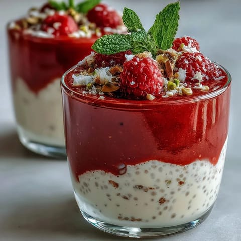 A close-up of Vegan Raspberry Coconut Chia Parfaits shows creamy layers, shredded coconut, and chopped pistachios, ready to serve for breakfast.