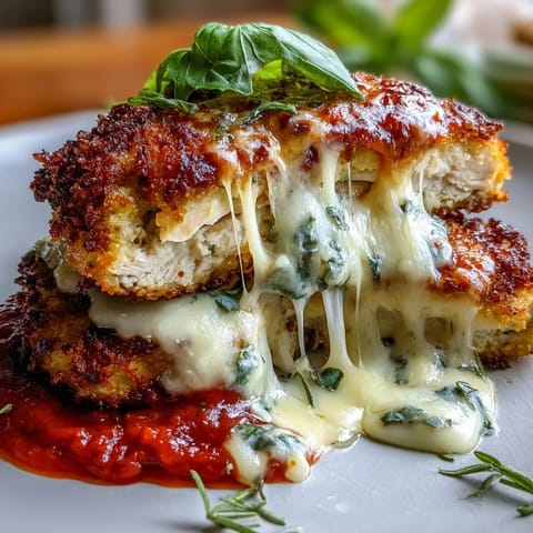 Crispy almond flour-coated chicken breast baked and topped with marinara sauce and gooey mozzarella over spiralized zucchini.  