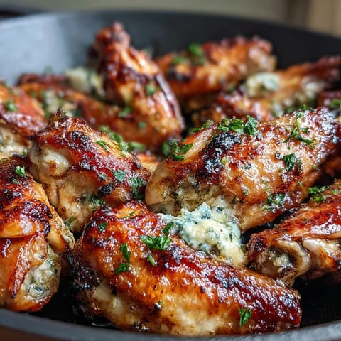Crispy roasted chicken wings tossed in rich garlic parmesan butter, served with fresh celery sticks and creamy ranch dressing for a perfect keto-friendly appetizer.  