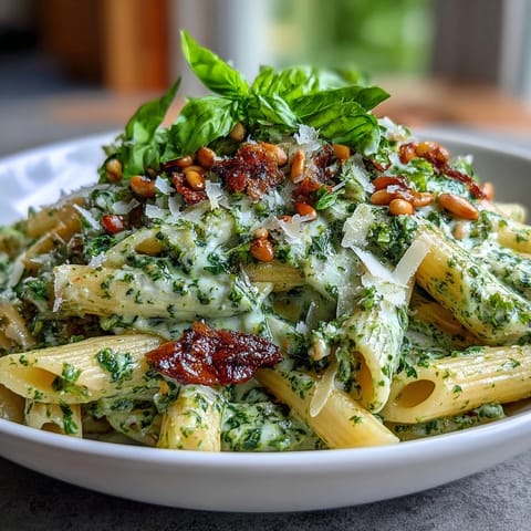Velvety cream cheese pesto pasta garnished with fresh basil leaves and crunchy toasted pine nuts for a luxurious meal.  