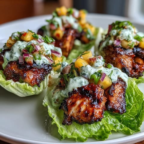 Fresh Caribbean jerk chicken lettuce wraps topped with vibrant mango salsa and tangy coconut yogurt drizzle for a healthy appetizer.  