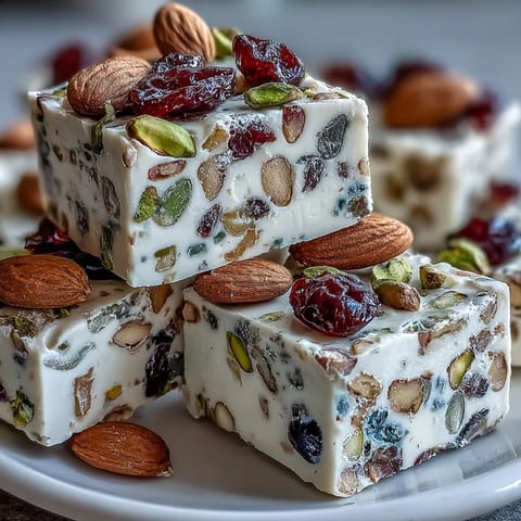 A close-up of homemade pistachio nougat candy, chewy and studded with roasted pistachios and colorful dried fruits.