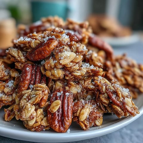 Golden, crunchy oat clusters with toasted nuts and a drizzle of honey, sprinkled with fleur de sel for a sweet-salty breakfast treat.