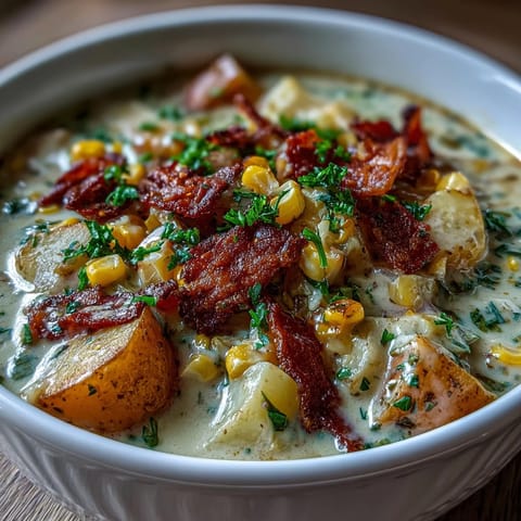 Creamy Light Ham and Potato Chowder with Celery and Corn in a white bowl, garnished with fresh parsley.