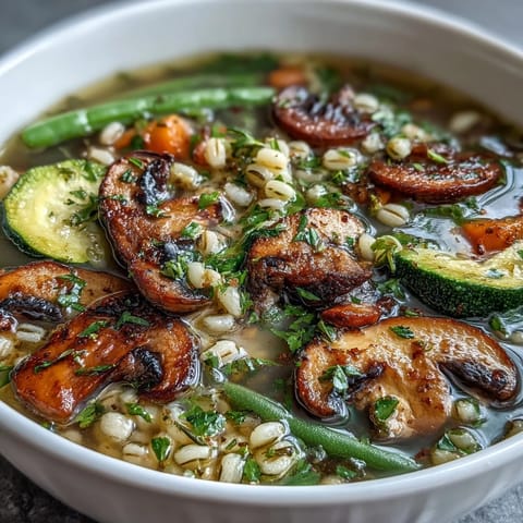 Hearty barley and earthy mushrooms combine in this rustic vegetable soup, simmered with carrots, celery, and herbs for rich flavor.  