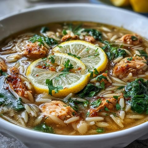 A steaming bowl of lemon chicken orzo soup with tender chicken, fresh spinach, and a bright citrus finish.