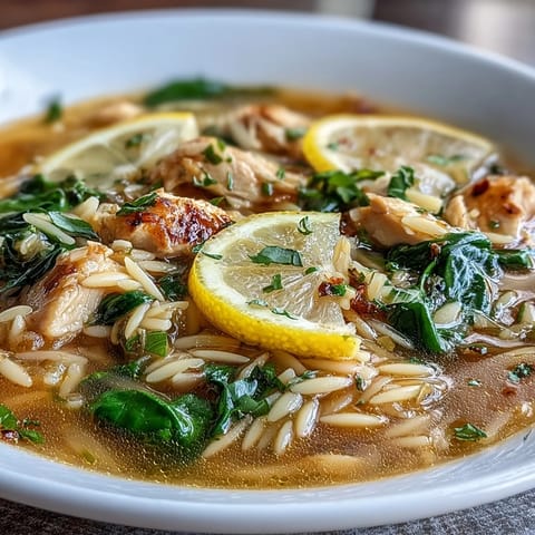 Comforting lemon chicken orzo soup with juicy chicken pieces, vibrant spinach, and zesty lemon broth in a rustic bowl.