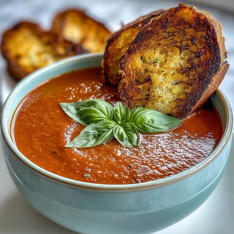 Creamy tomato soup infused with basil, paired with crispy garlic-buttered sourdough strips for dipping.  