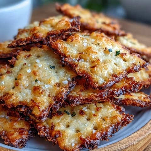 Golden sourdough crackers flavored with garlic and Parmesan, baked until crisp and topped with flaky sea salt for extra flavor.  