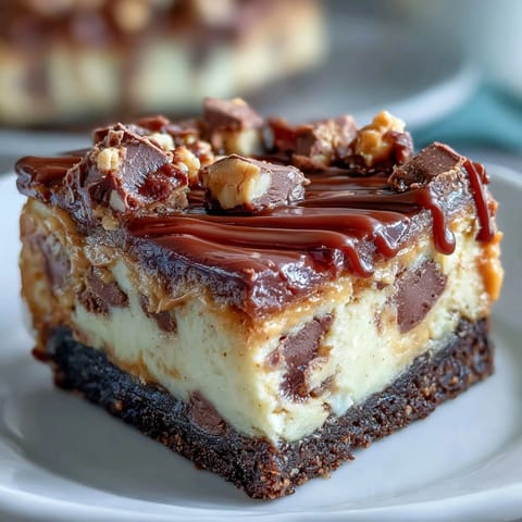Rich and creamy peanut butter cup cheesecake bars with a chocolate cookie crust, swirled with peanut butter and topped with mini peanut butter cups.