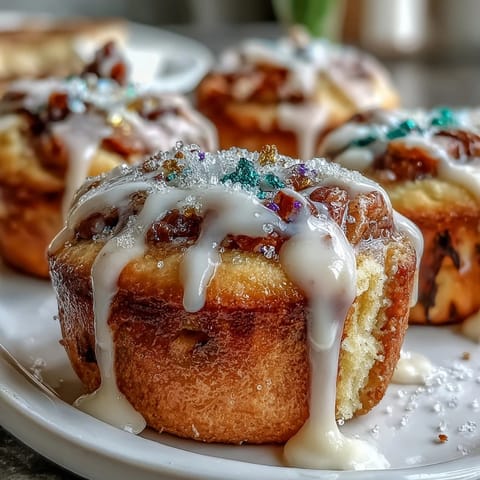 Mini King Cake Cupcakes with Colored Sugar on a festive dessert tray, drizzled with vanilla glaze and sparkling in green, purple, and gold.