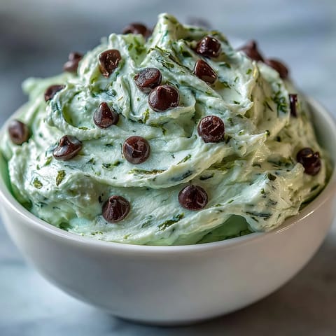 Swirled mint dessert dip loaded with mini chocolate chips, offering a refreshing and sweet treat for holiday parties and gatherings.