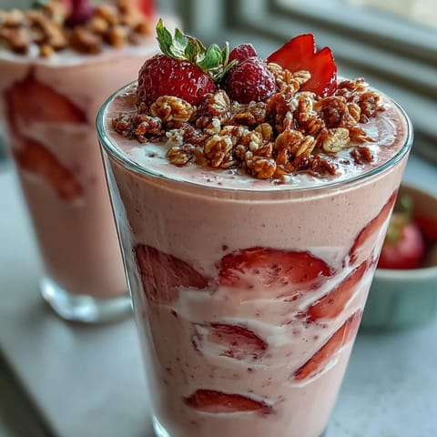 1. Creamy strawberry shortcake protein smoothie blended with fresh berries, banana, and Greek yogurt for a nutritious treat.  