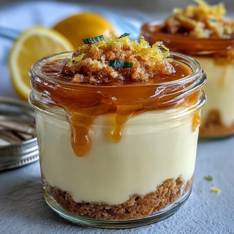 Creamy Limoncello cheesecake layered with buttery biscuit crumbs and tangy lemon curd in elegant glass jars, topped with fresh berries.