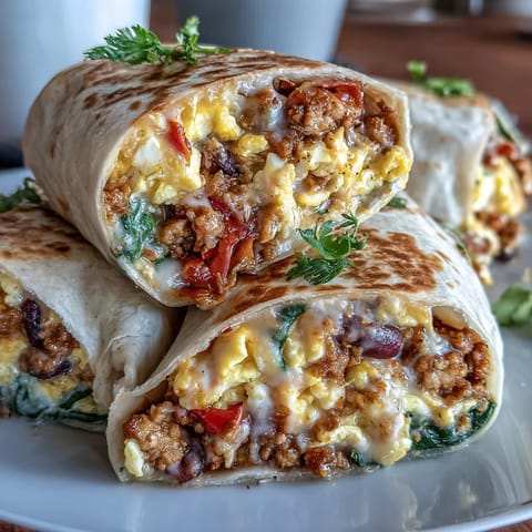 A hearty, protein-packed breakfast burrito filled with fluffy scrambled eggs, lean turkey, black beans, and melty cheese, all wrapped in a soft whole wheat tortilla.