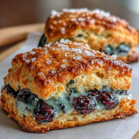Golden sourdough discard blueberry scones with fresh berries, flaky layers, and a light sugar crust, perfect for breakfast or brunch.  