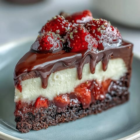 Easy Dubai Chocolate Strawberry Cheesecake Cups: Rich chocolate biscuit base topped with creamy cheesecake, fresh strawberries, and glossy ganache in elegant dessert cups.