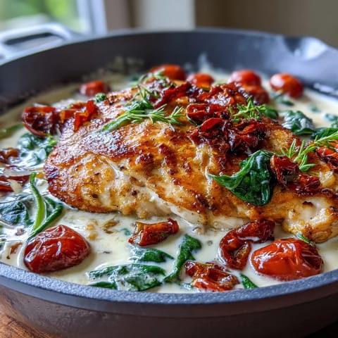 Creamy Tuscan Chicken Skillet with golden seared chicken in a rich garlic cream sauce, sun-dried tomatoes, and wilted spinach.