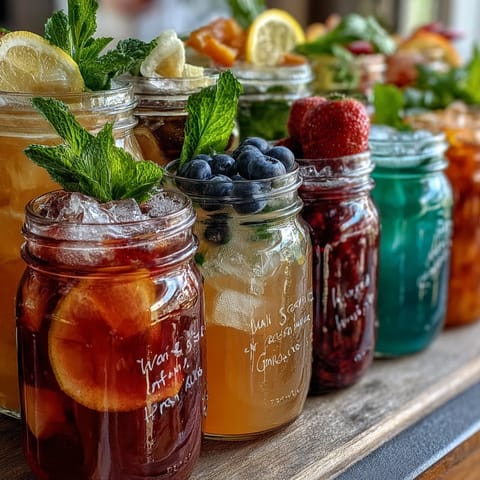 Vibrant DIY lemonade bar with classic lemonade and colorful fruit syrups for a festive, customizable drink station.  